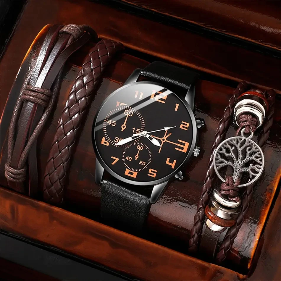 5PCS Set Fashion Mens Sports Bracelet Watches For Men Retro Big Dial Quartz Wrist Watch Classic Male Casual Brown Leather Watch