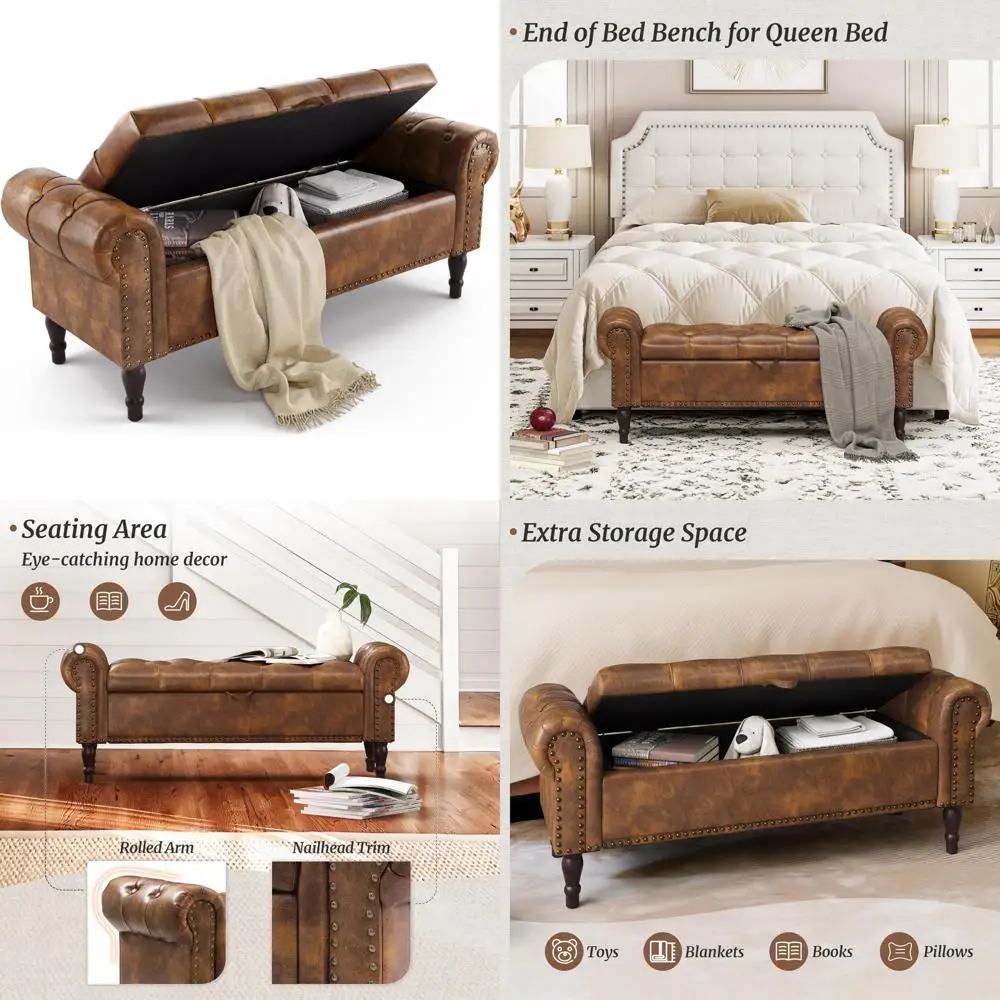 

Queen Size Faux Leather Upholstered Storage Bench with Tufted Button and Rolled Arm, End of Bed, Nailhead Trim, Bedroom Furnitur