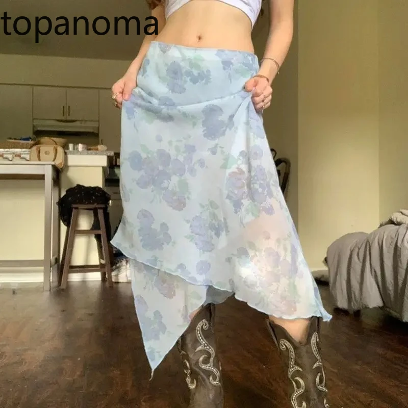 

Topanoma Skirts Women Floral Printed Mesh Patchwork Irregular Sexy Sweet Holiday French Style Chic Elegant Skirt Ladies Casual