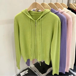 2024 Spring and Autumn Korean Commuter Minimalist Casual Sweater Cardigan Long Sleeve Hooded Solid Color Zipper Women's Coat Top