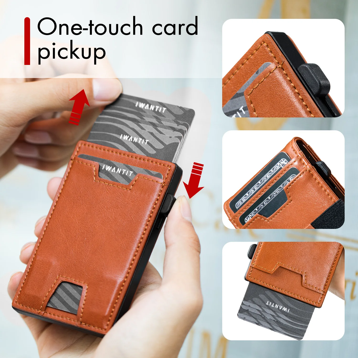 IWANTIT Leather Card Wallet Flip Leather Card Holder Five static card slots+elastic card slots (hold up to 6 cards) Unisex