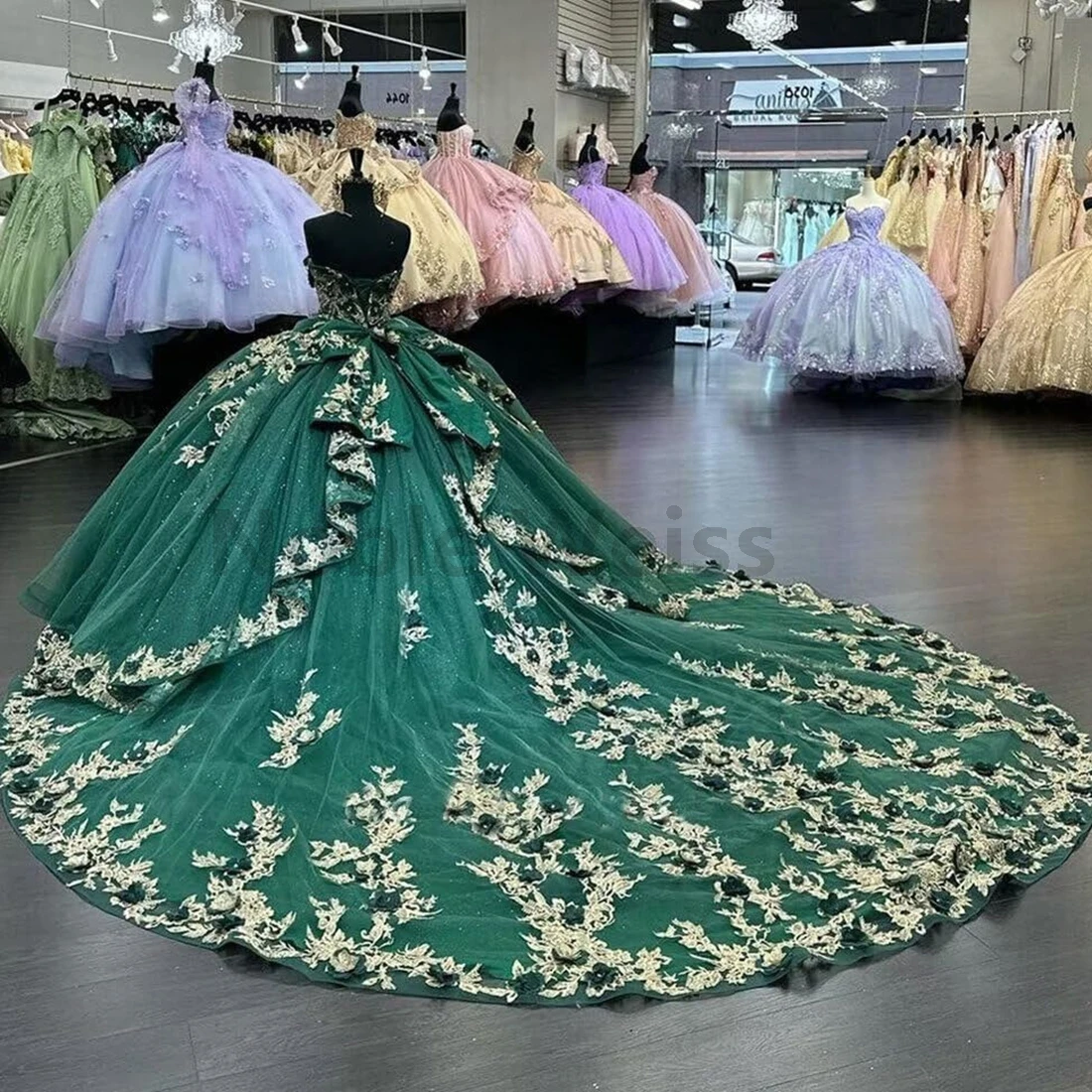 恋人キンセニエラ ドレス チュール ボール ガウン 3D 花のアップリケとリボンのカスタマイズ