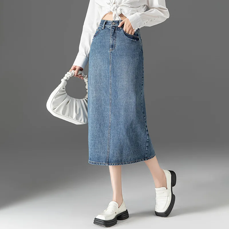 

High Waist Denim Skirt Women's Mid-Length Vintage A-Line Slim Fit Split One-Step Skirt Sweet Sle Casual Cotton Blend