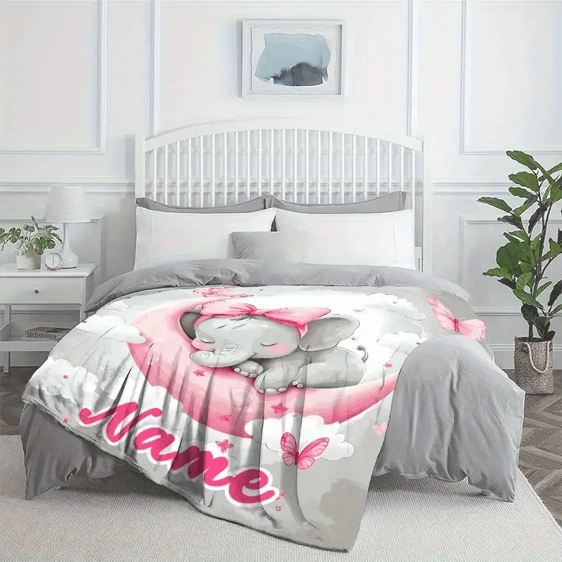 1Pc customized name cute elephant on the moon personalized printed portable blanket - travel camping living room office chair