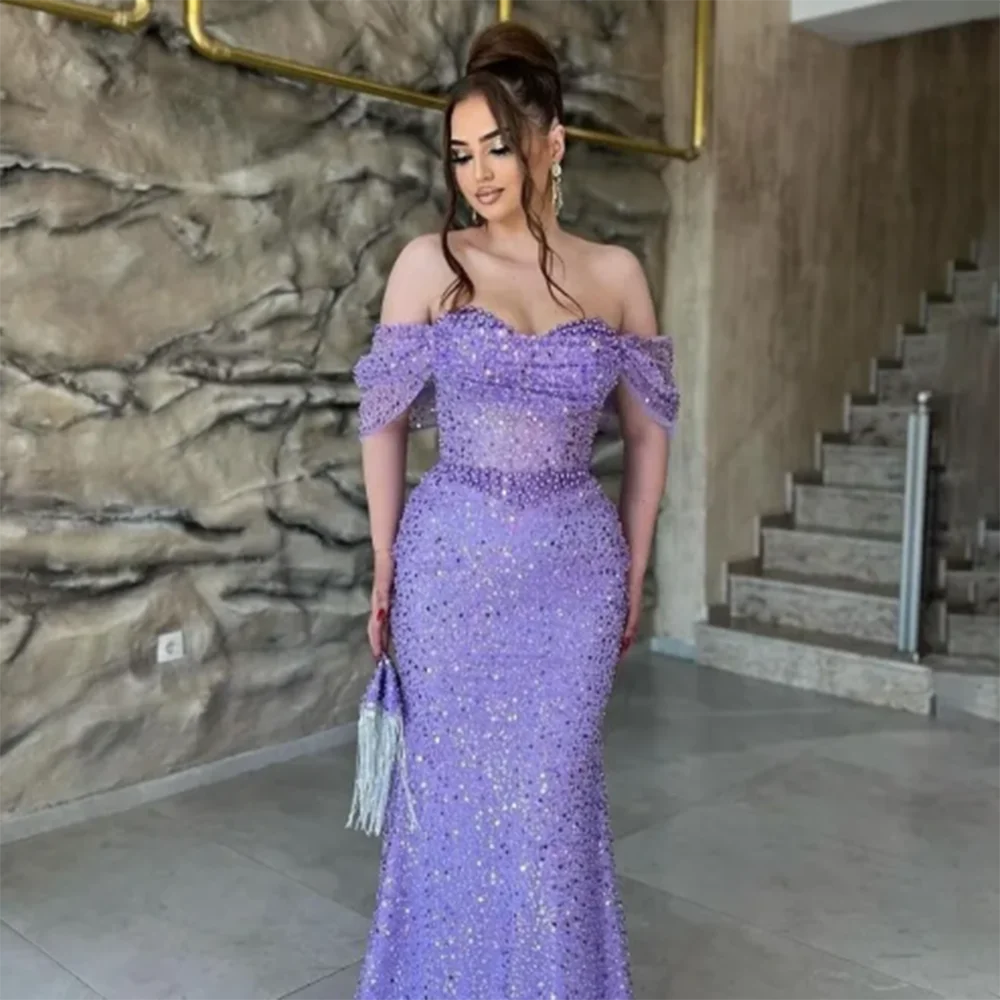 2024 Luxury Formal Evening Dresses Shiny Light Purple Sequin Beading Floor Length Trumpet Off the Shoulder Elegant Prom Gowns