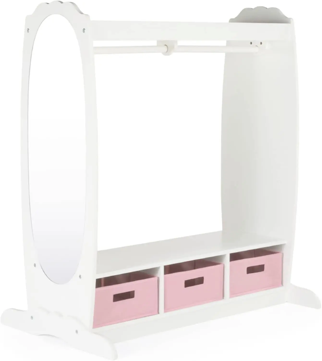 Up Storage – White: Dramatic Play Costume Rack with Mirror and Tray for Toddlers - Kids Armoire, Dresser with Fabric Storage Bin