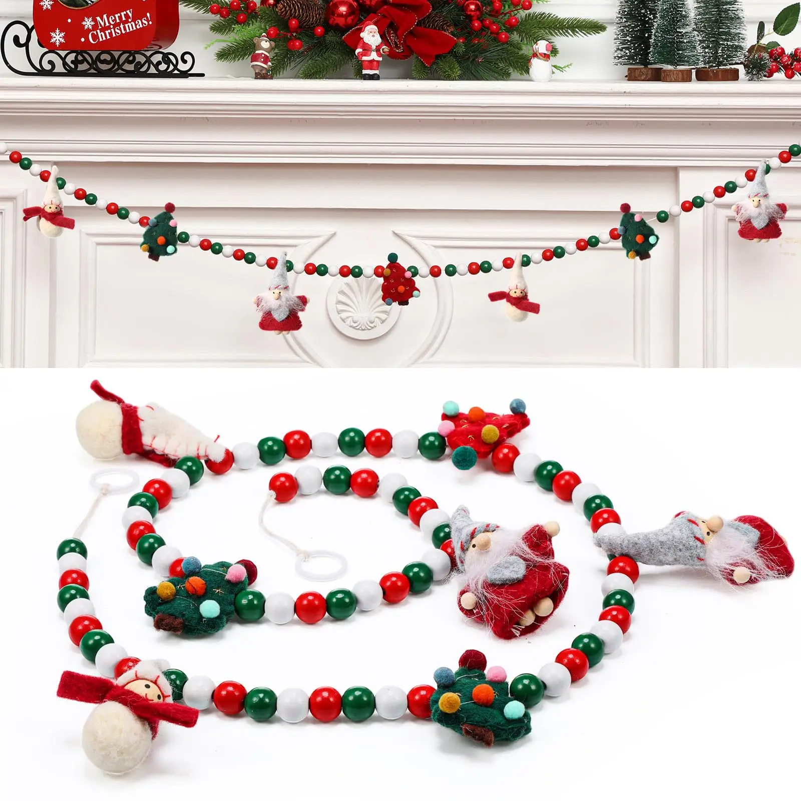 

4 Ft Christmas Wooden Bead Garland Decorations Wool Felt Christmas Tree Ornaments Felt Snowman Xmas Tree Santa Claus