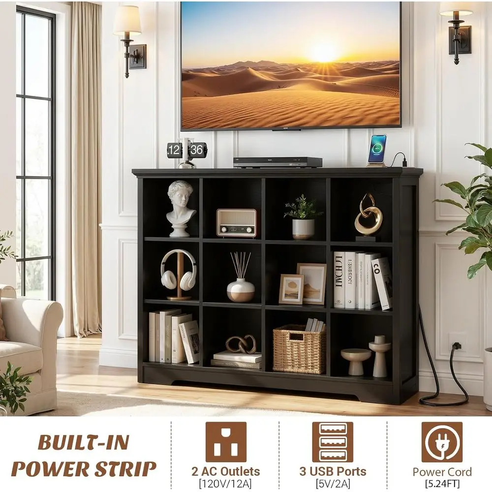 12-Cube Storage Organizer with Charging Ports, Bookcase Base, 4-Tier Floor Standing Open Cubby Bookshelf, Display Shelf for Home