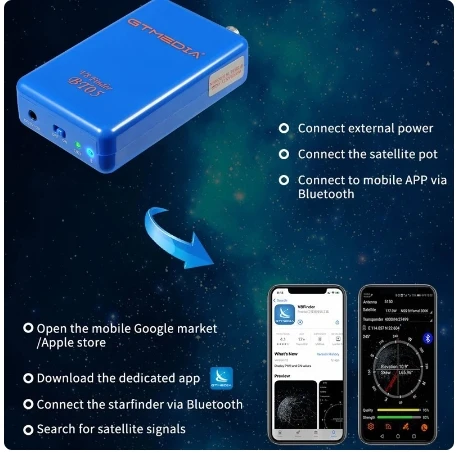 Imagem -02 - Localizador de Satélite Bt05 Dvb-s2 Sat-finder Suporta Android Ios Decodificação Amplificador de Sinal Digital Bateria 2200mah Gtmedia-v8