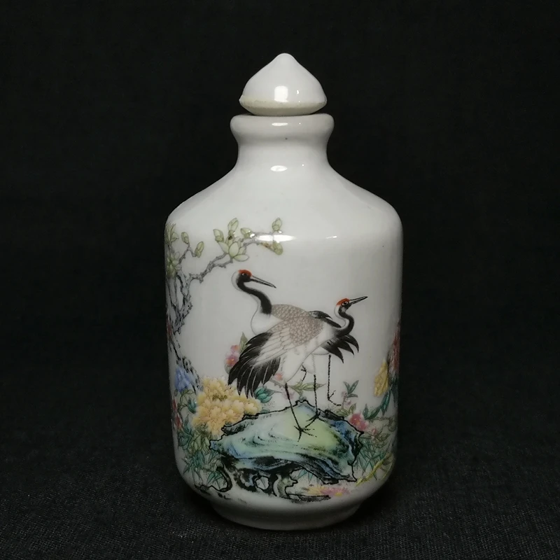 

YIZHU CULTUER ART Size Chinese Porcelain Painting Crane Flowers Bird Snuff Bottle Old Decoration Gift Collection Size 8.5 CM