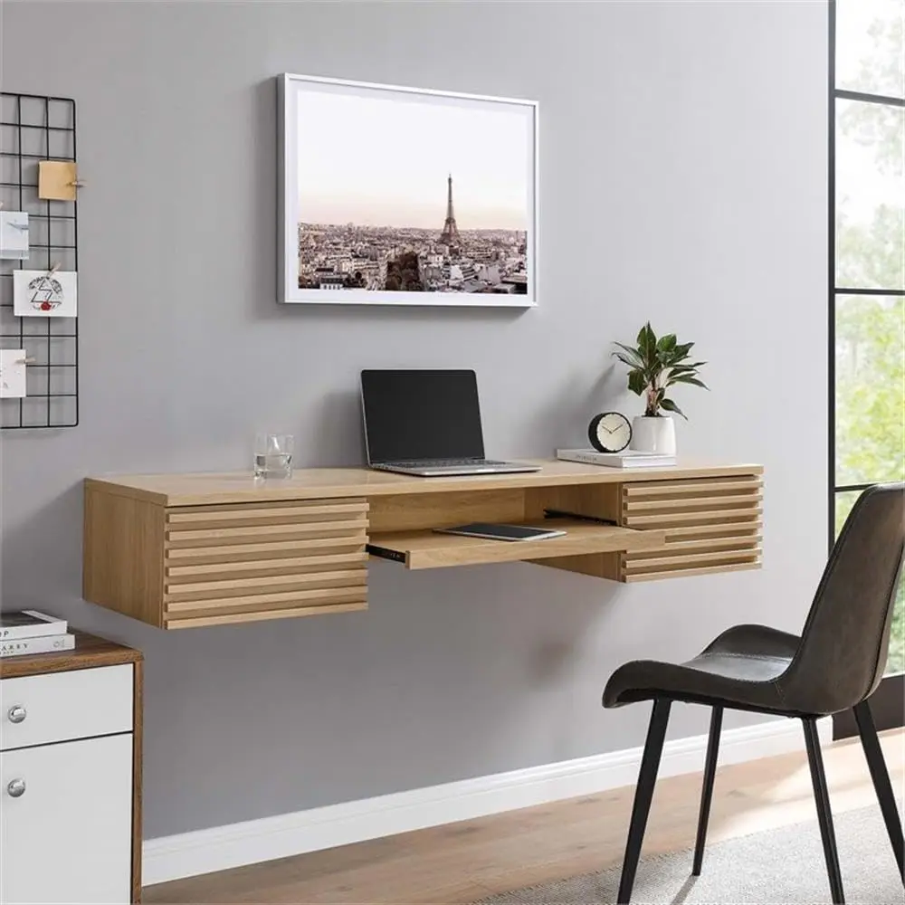 Wall Mount Floating Office Desk Oak Wood Home Workspace 47