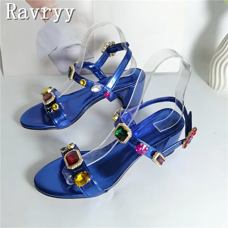 

Women's Luxury Blue Red Gemstone Sandals Sparkling Crystal Ankle Strap Block Heels Elegant Dressy Summer Shoes for Party Wedding