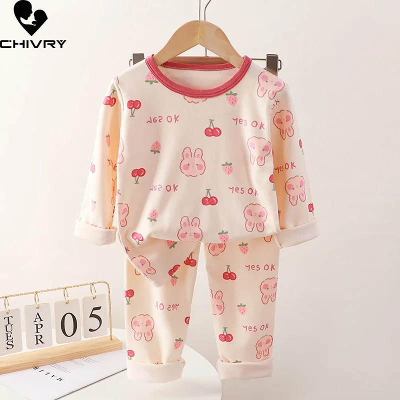 Kids Autumn Warm Pajamas Sets Baby Boys Girls Cute Cartoon Rabbit Long Sleeve T-Shirt Tops with Pants Pyjamas Casual Sleepwear