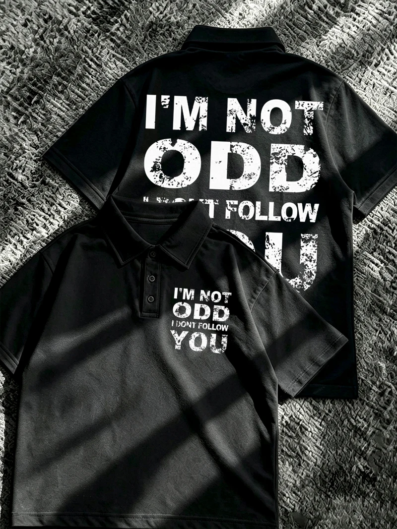 Men's Y2K Goth I'M NOT ODD I DON'T FOLLOW YOU Red Graffiti-style Letter Polo Shirt Print Oversized T-shirt Hip Hop Tee Loose Fit