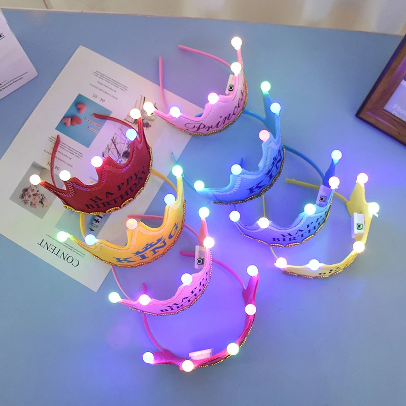 LED King Princess Crown Hat Birthday Party Glowing Headband Photo Props Dress Up Girls Boys Gifts Supplies Baby Shower Decor