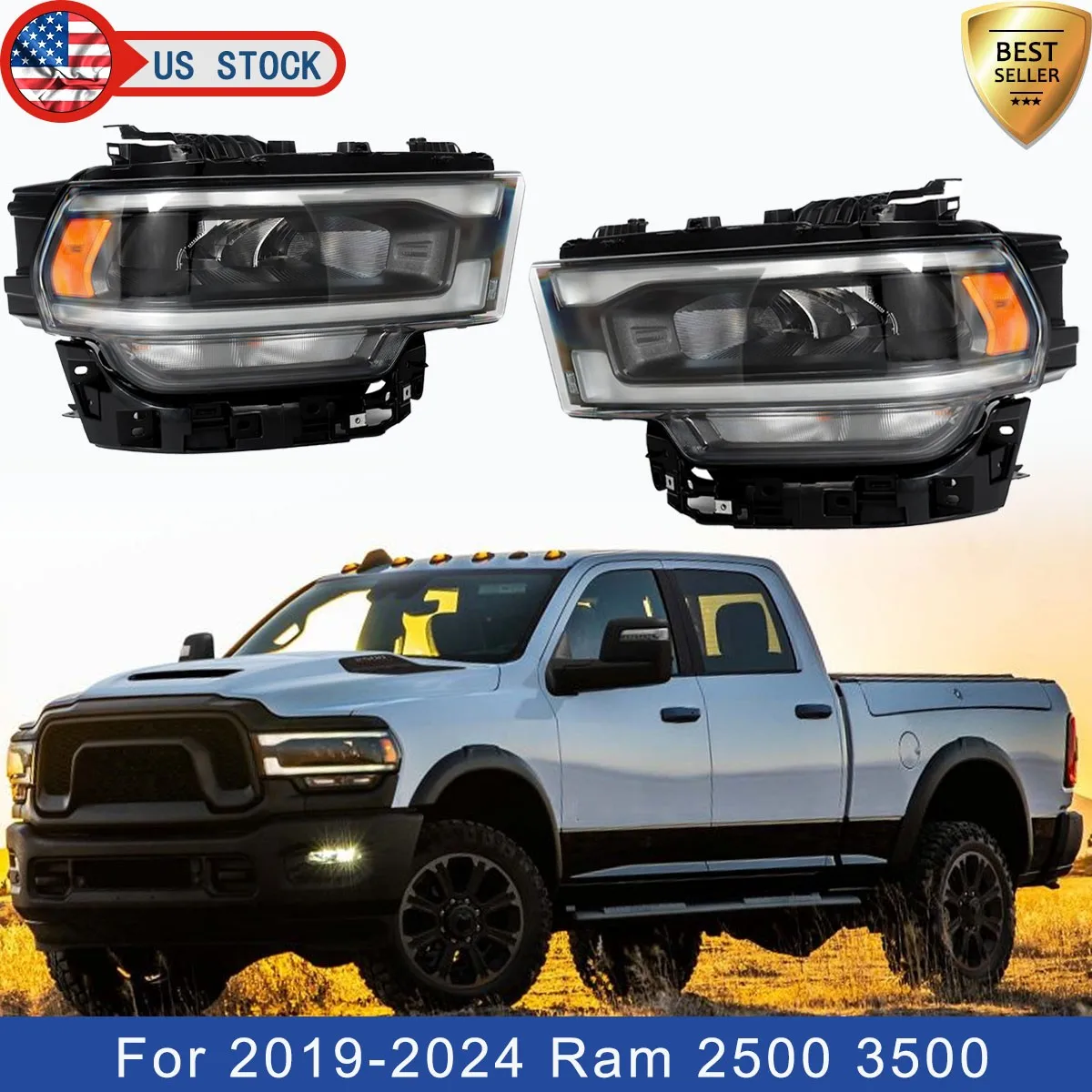 Front Headlight LED For Ram 2500 3500 2019 2020 2021 2022 2023 2024 Black Bezel LED DRL Headlight Left Right Side Head Light