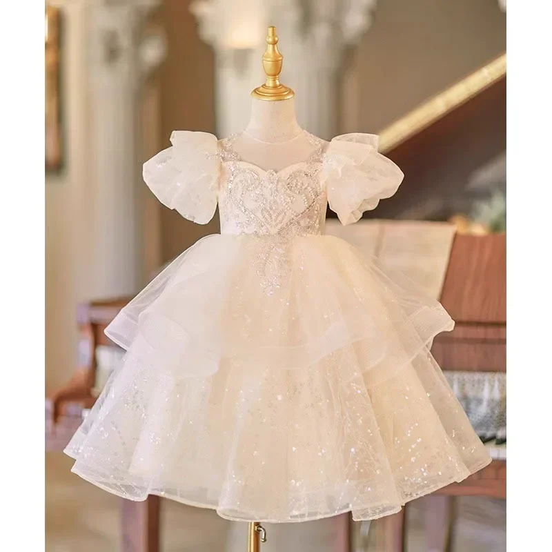 

2025 Flower Wedding Little Girl Evening Dress Children's Piano Performance Host Catwalk Princess Dresses Kid White Frock Vestido