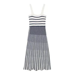 Koekop Women's Fashion Black and White Striped Knit Dress Vintage Slim Backless Women's Chic Lady Dresses