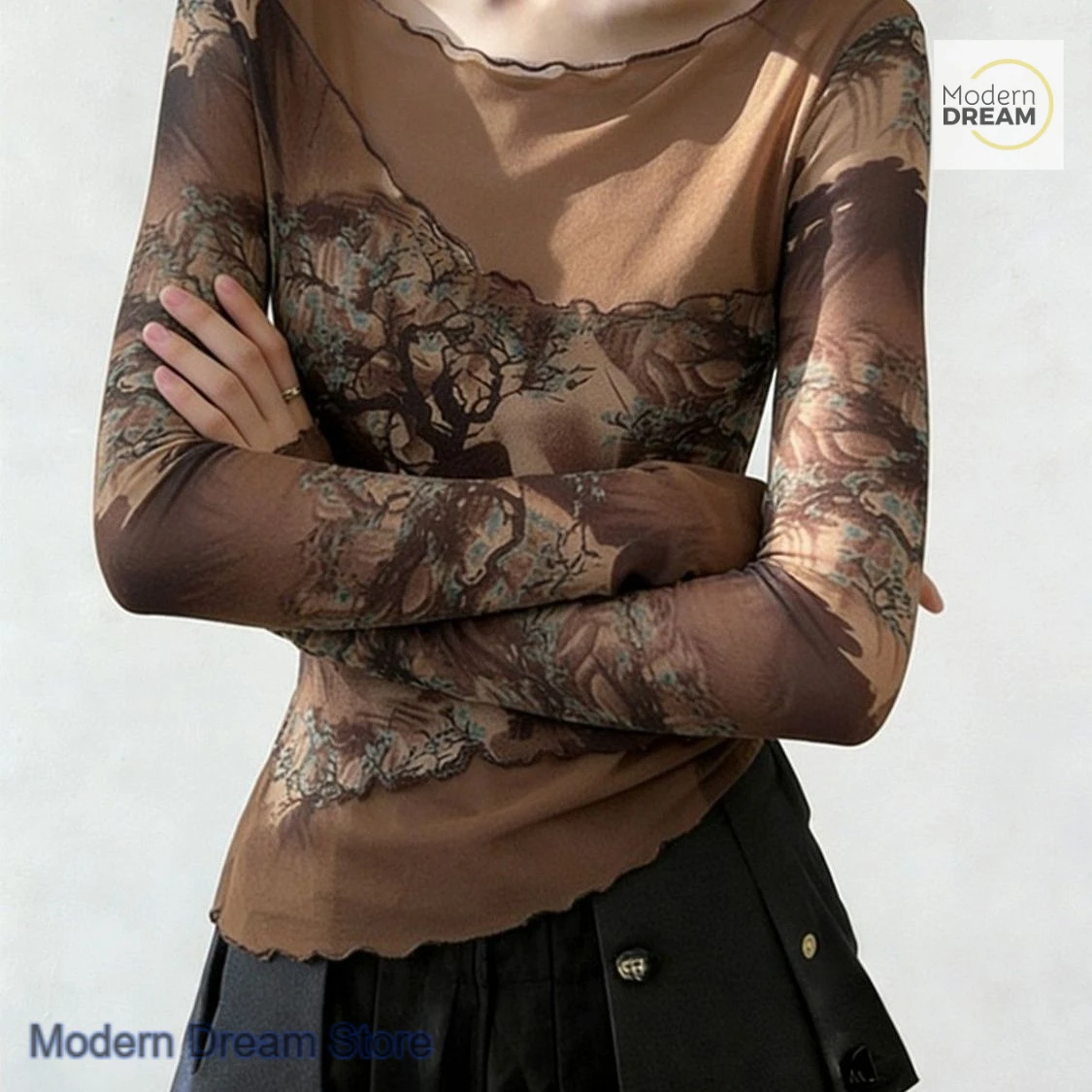 French word collar retro printed mesh stitching bottoming shirt women's spring and summer new fashionable long-sleeved tops