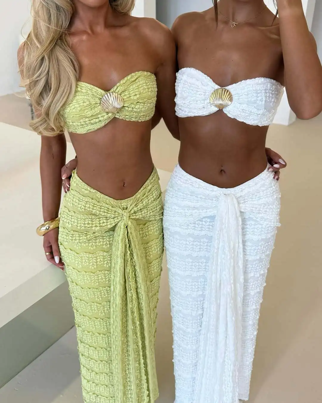 

Sexy 2 Piece Set Women Summer Beach Outfits Bandeau Crop Top and Draped Ruched Maxi Skirt Set Holiday Vacation Outfits Skirts