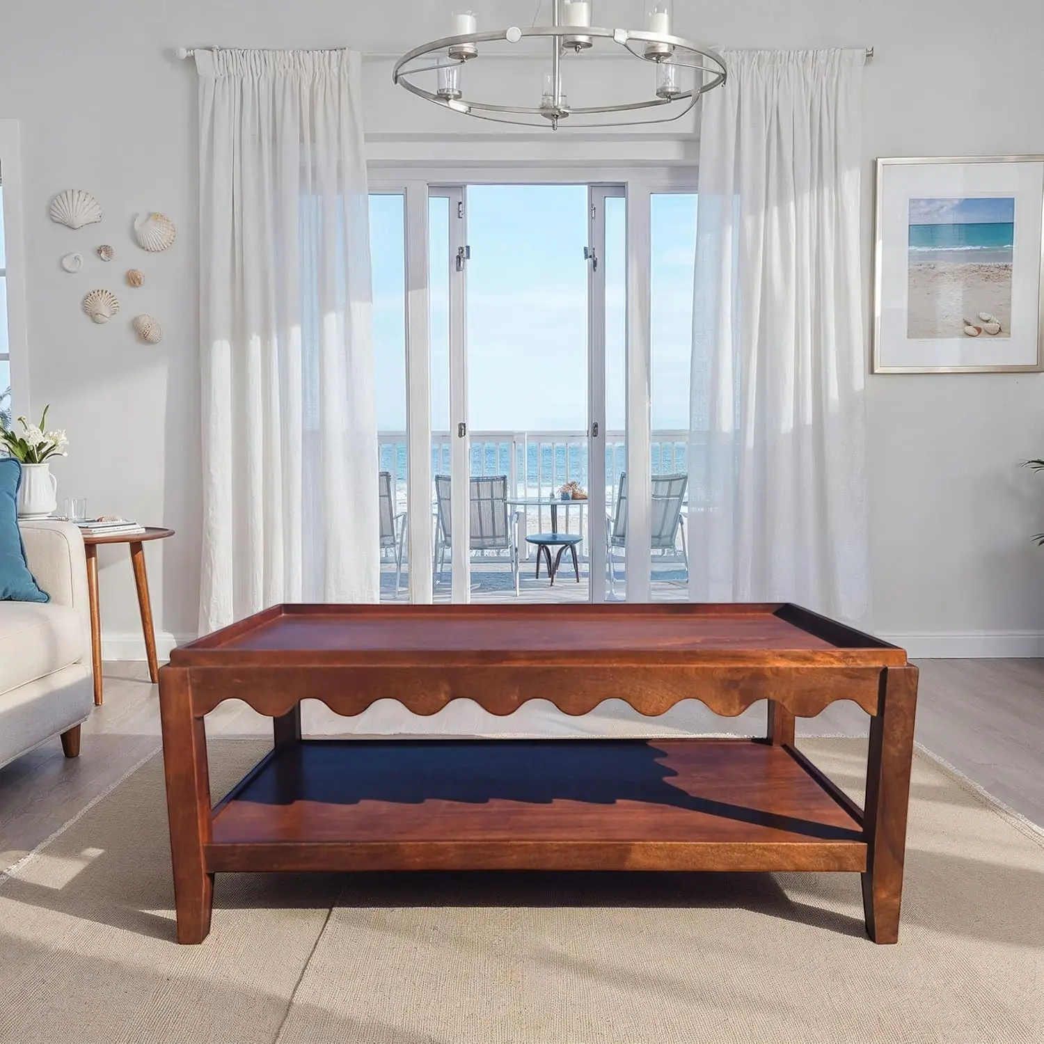 

Scalloped Edge Mango Wood Coffee Table with Lower Shelf Living Room Furniture Chestnut Finish, Customized
