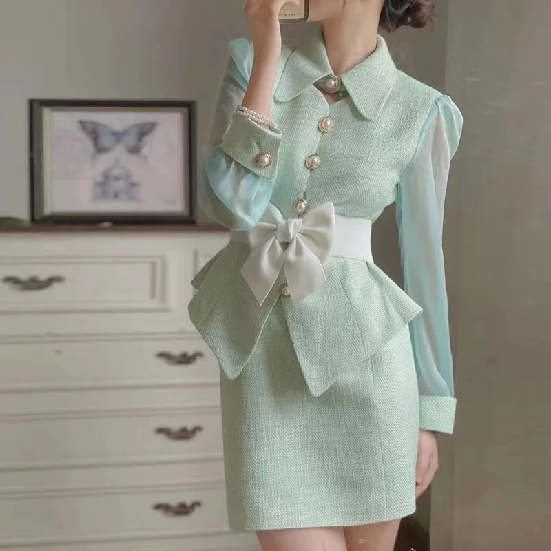 French Luxury Small Fragrance Suit Thick Tweed Two Piece Set with Long Sleeve Slim Waist Coat with Bow+Short Skirt Sets