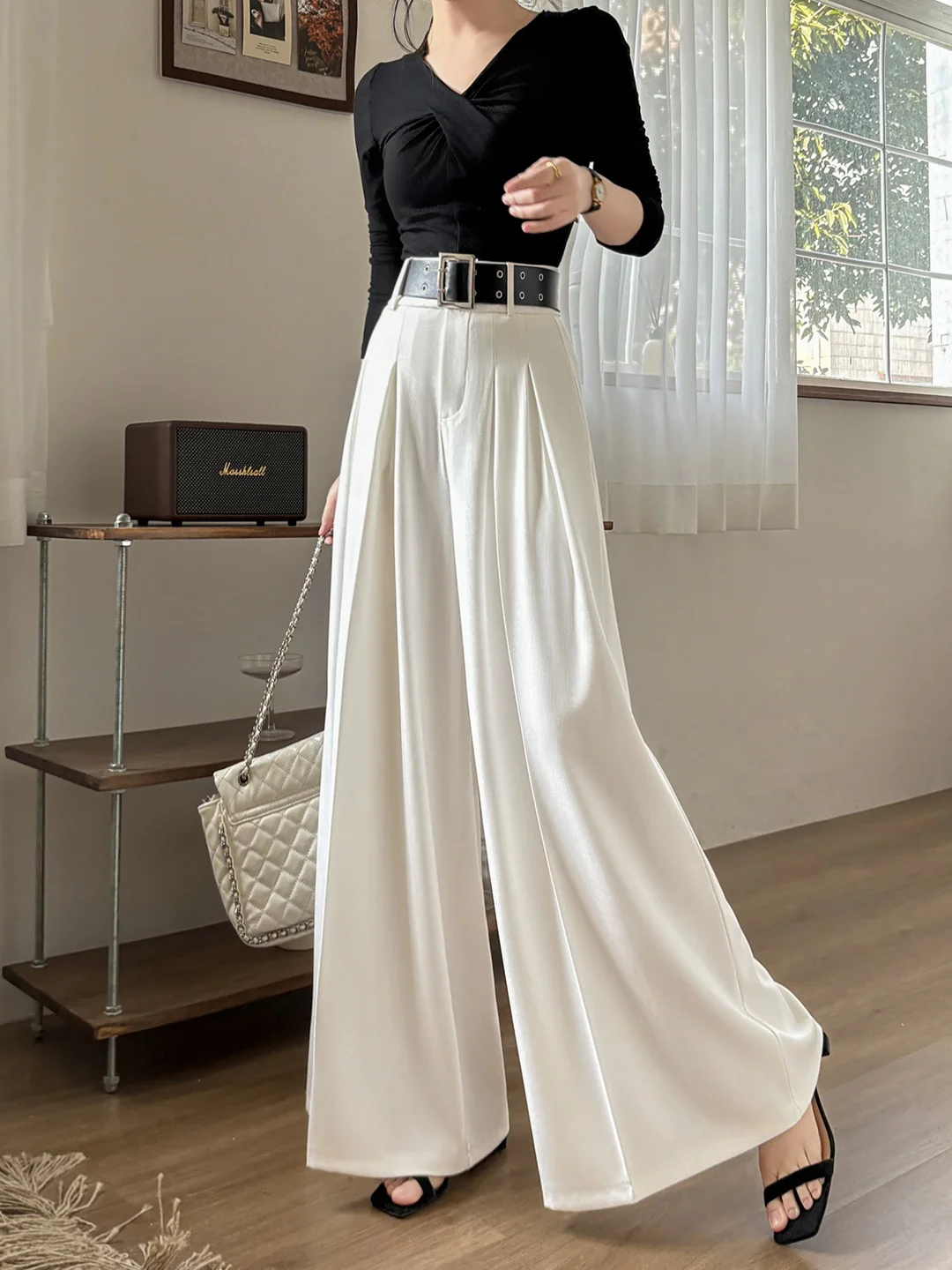 

Корейские женские брюки с высокой талией, широкие, плиссированные, повседневные, струящиеся, в пол, для весны и осени