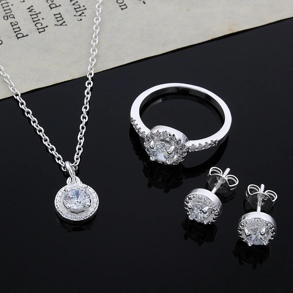 

925 Sterling Silver Cute Solid Christmas Gift Noble Fashion Elegant Women Shiny Crystal Cz Necklace Earring Ring Jewelry Set