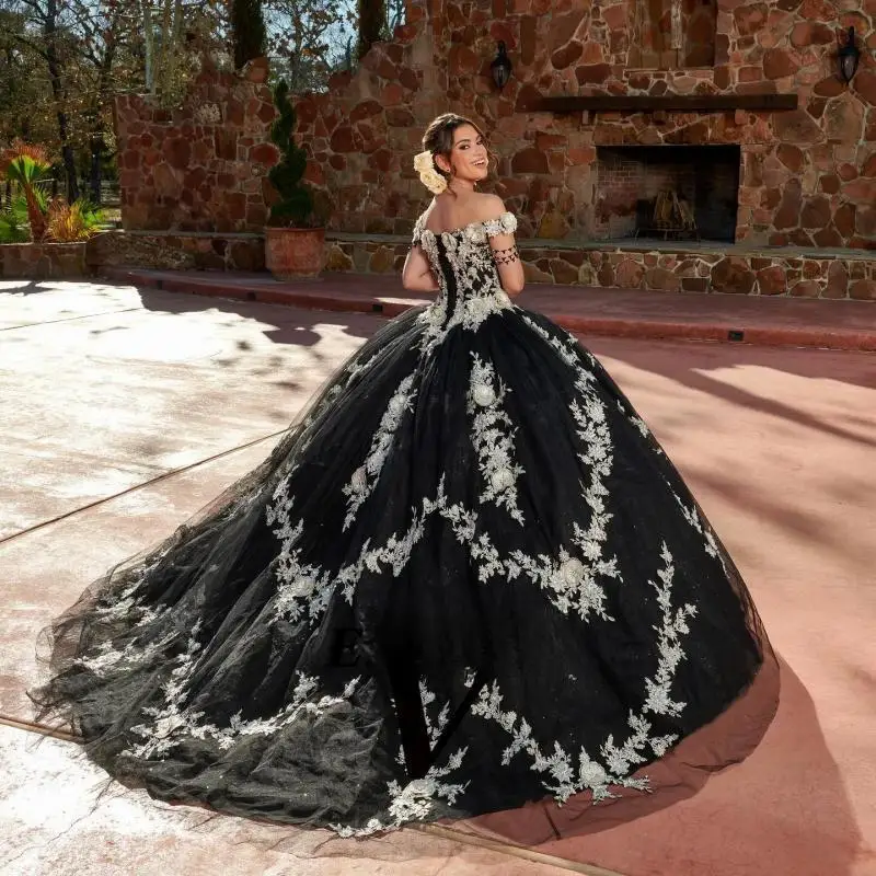 Luxury Ball Gown Quinceanera Dresses for Girls Corset Off the Shoulder Lace Appliques Tulle Robe Princess Bleu Femme