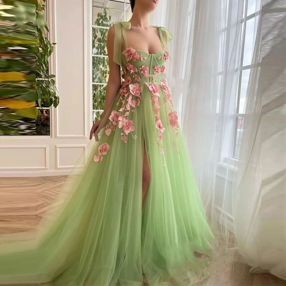 

2025 Elegant Light Green Tulle Ball Dress Italian Party Formal Evening Dress Strap Stickers High slit Dress Customization
