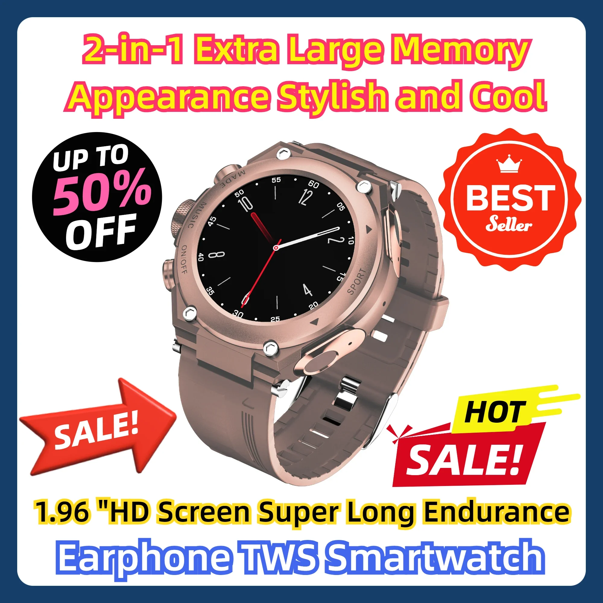 

2-in-1 Extra Large Memory Appearance Stylish and Cool 1.96 "HD Screen Super Long Endurance Earphone TWS Smartwatch