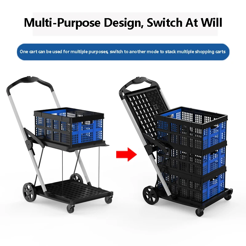 Folding Shopping Cart, Collapsible Shopping Cart with Wheels, Adjustable Foldable Portable Trolley