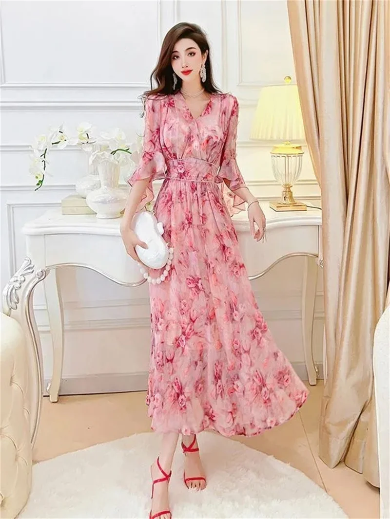 Sweet and Elegant Fragmented Flower Dress 2024 Summer New Women\'s Slim Fit and Skinny Lotus Leaf Sleeves Over Knee Long Dress S9