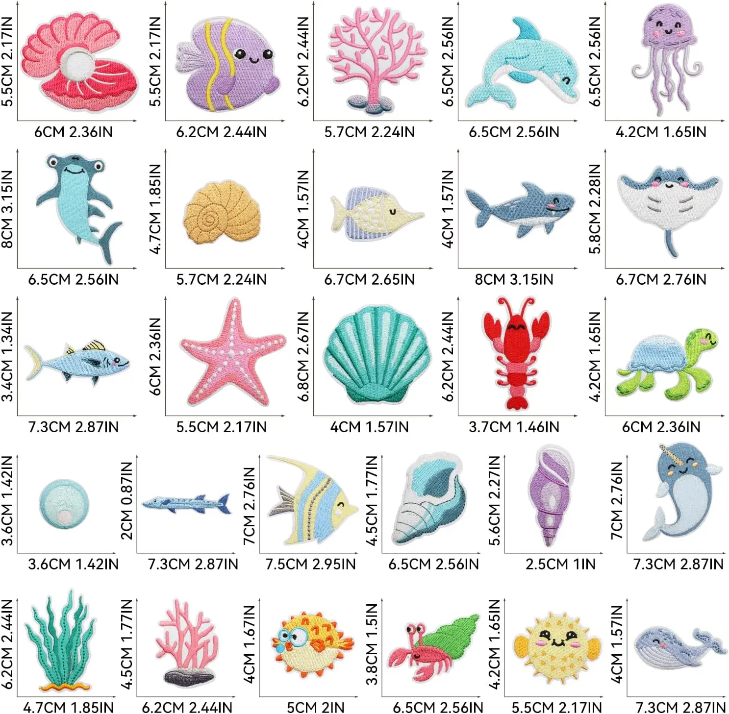 28pcs Sea Animal Iron/Sew on Patches, Cute Summer Embroidered Applique, Ocean Beach Decration for Clothes, Hat, Bag, Jeans, Dres