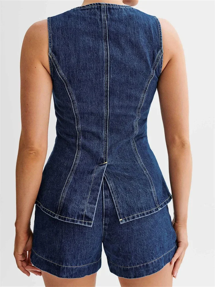 Women\'s Denim Long Vest Tops Button-up Back Slit Sleeveless Pocket Round Neck Waistcoat Coat Streetwear Female Tank Tops