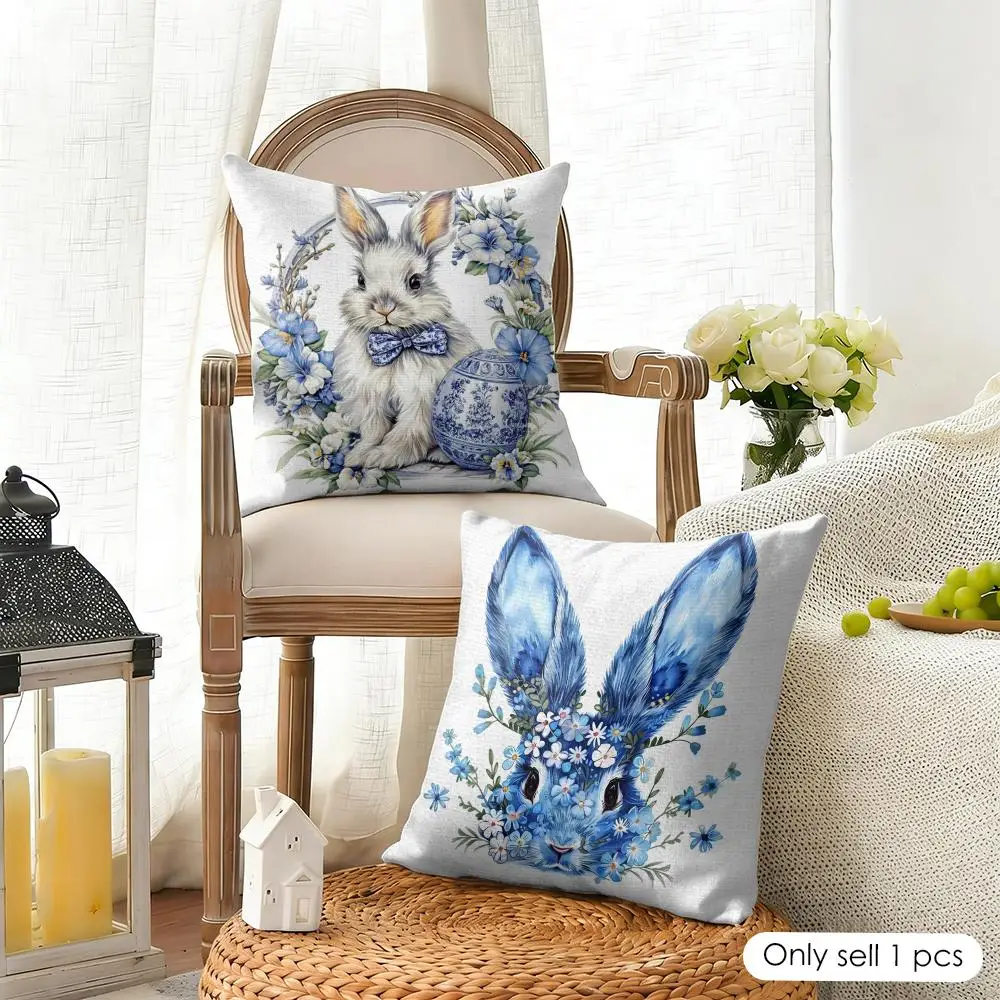 

Наволочка для подушки с акварельным рисунком кролика на Пасху, из натурального органического льна, с двусторонней печатью, для дивана, домашнего декора, подарок