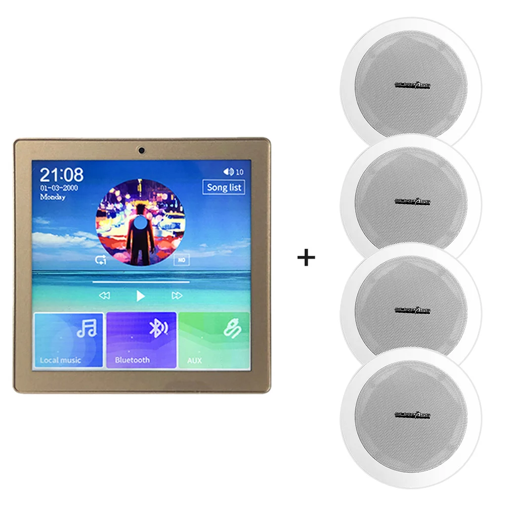 Smart Home Sound System Equipment 4 Inch Touch Screen WiFi Blue-tooth In Wall Amplifier 4*20W 5 Inch Coaxial Ceiling Speaker Kit