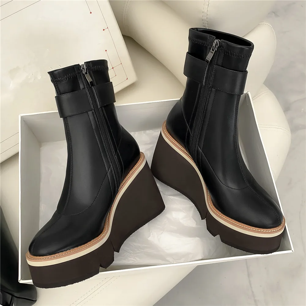 MILI-MIYA New Arrival Classic Brand Design Women Stretch Microfiber Ankle Boots Super High Wedges Crystal Buckle Strap Handmade