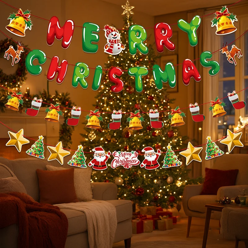 Merry Christmas Theme Party Flags Celebrate Flags Paper Flag for Family Home Boys Girls Cartoon With Santa Claus Decoration