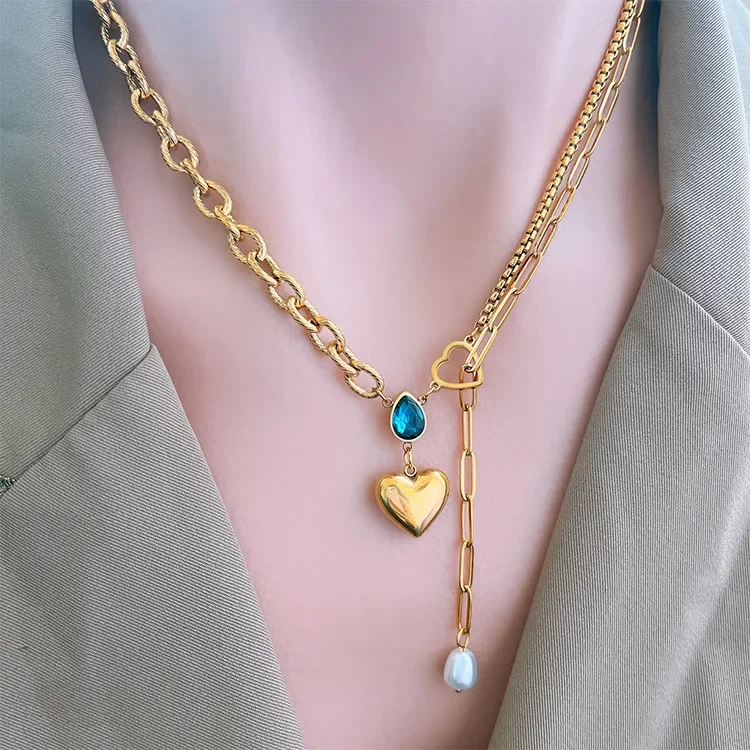 

2023 Blue Water Drop Zircon Heart Necklace Pendant Pearl Tassel Clavicle T-shirt Chain Female Titanium SteelLocket Pendant Exqui