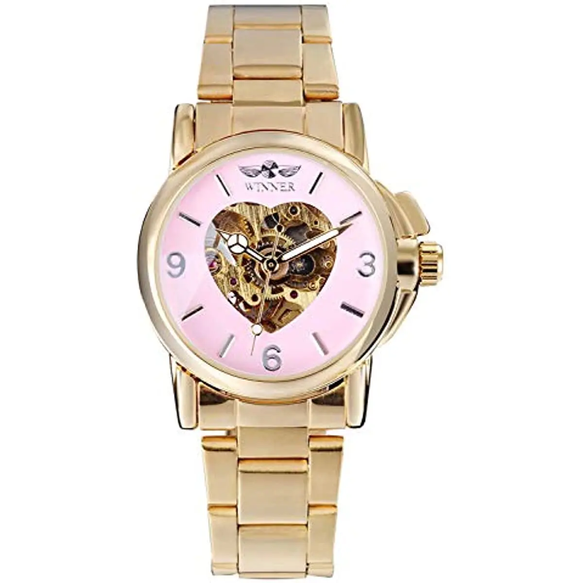 Winner Luxury Women Automatic Mechanical Gold Watch Unique Heart Shaped Hollow Dial Stainless Steel Strap