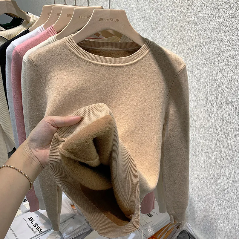 

Women's O-neck Plus Velvet Thicken Sweaters Winter Slim Warm Long Sleeve Knitted Tops Casual Plush Fleece Lined Soft Pullover