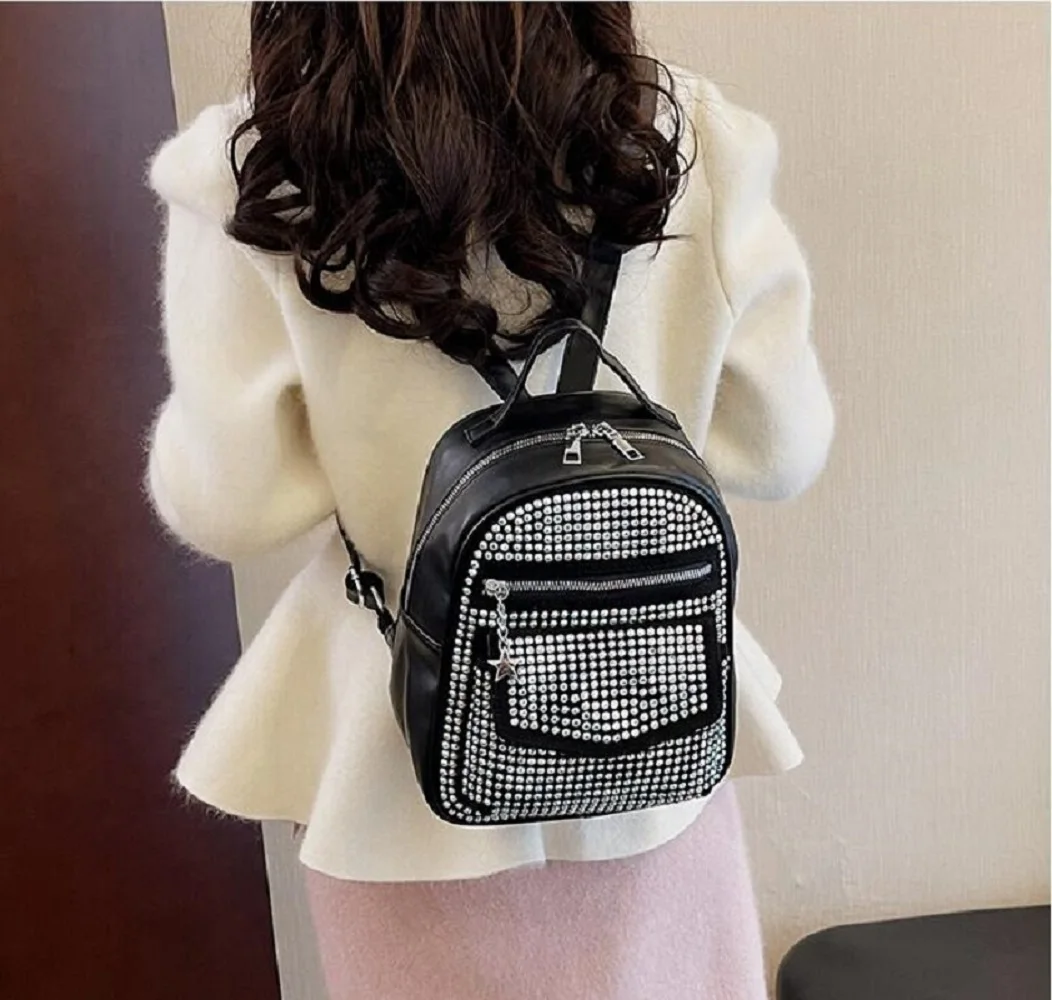 Hot Sale New Fashion Bright Diamonds Leather Backpacks Women Casual Travel Small Backpack Shoulder Bags Crossbody Bag Totes