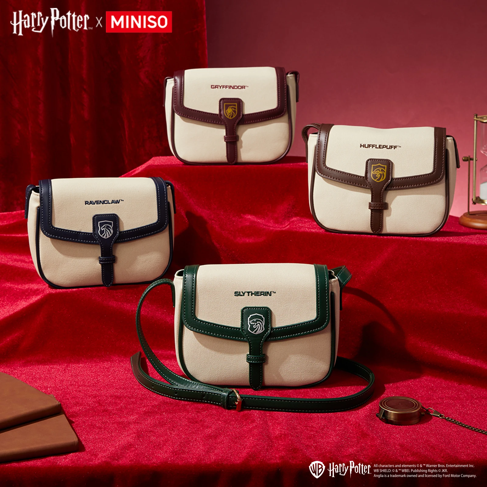 MINISO Harry Potter Embroidered Crossbody Bag Hogwarts Shoulder Bag Canvas Purse Casual Travel Handbag Adjustable Strap Carry