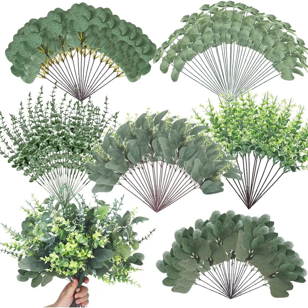 

500 Pcs 6 Kinds Mixed Greenery Stem Artificial Faux Eucalyptus Leaves Silver Dollar Eucalyptus Picks and Sprays for Vase Dried F