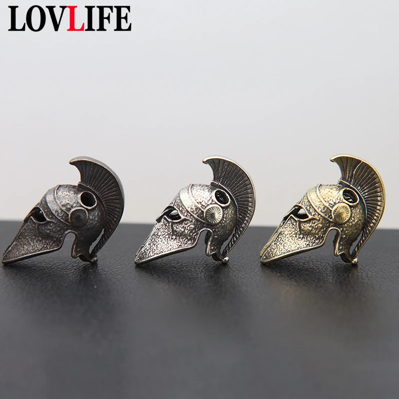 Black Ancient Greece Spartan Warrior Scar Helmet Brass Knife Beads EDC DIY Paracord Keychain Lanyard Pendant Jewelry Accessories