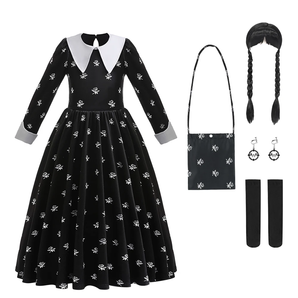 Kids Classic Wednesday Cosplay Black Long Sleeve Princess Dress With Wig Socks Bag Birthday Carnival Party Winter Costume 2-12Y