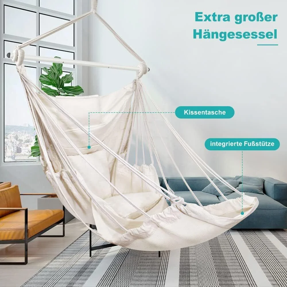 Hammock Chair Hanging Rope Swing Hanging Chair with 3 Cushions and Foot Rest Sup