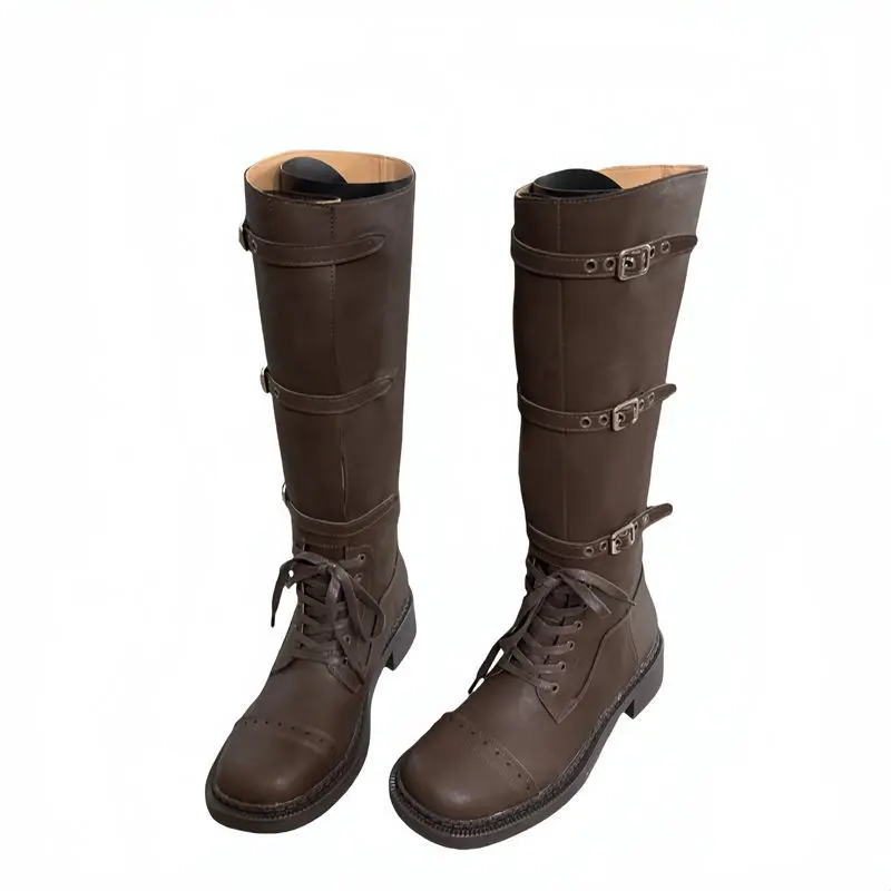 Riemgesp Smalle Band Veters Botas Mujer 2024 Tendencia Vierkante Neus Effen Kleur Leren Lange Laarzen Voor Dames Dikke Lage Hakken