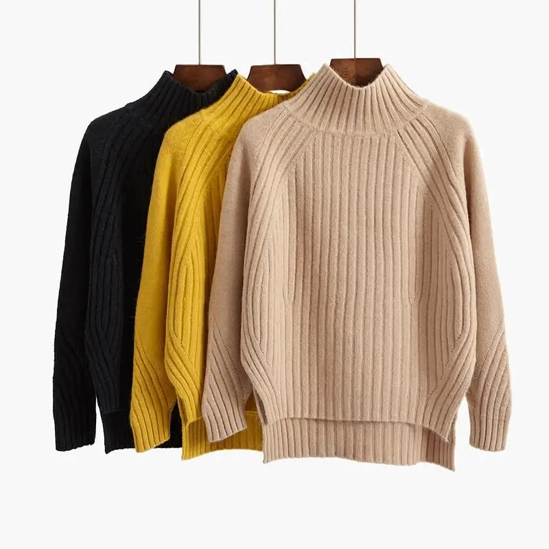 Autumn and Winter Women\'s Pullover Solid Color Half High Collar Wool Loose Fit Sweater Knitted Underlay Fashion Elegant Tops